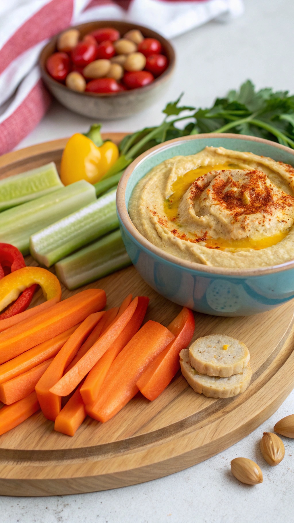 A bowl of zesty hummus surrounded by fresh vegetables for dipping, including carrot sticks, celery, and bell peppers.