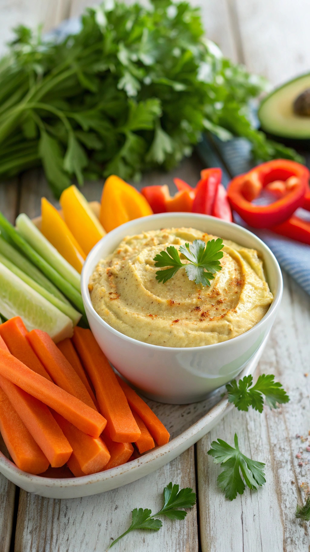 A bowl of hummus surrounded by colorful vegetable sticks including carrots, celery, and bell peppers.