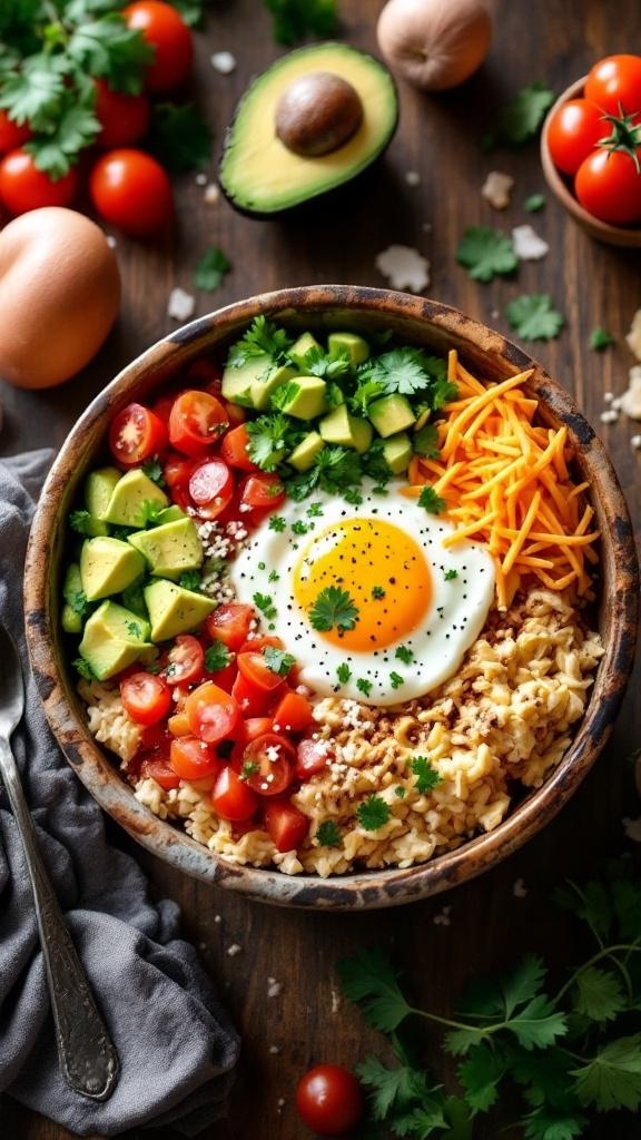 A colorful breakfast burrito bowl with eggs, avocado, tomatoes, cheese, and cilantro.