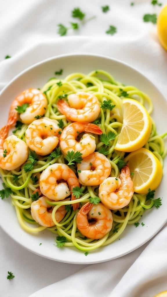 A plate of Zesty Keto Lemon Garlic Shrimp served over zucchini noodles with lemon slices and parsley.
