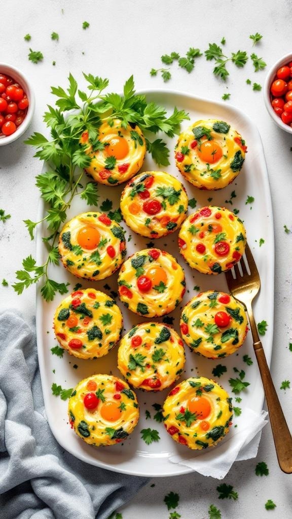 A platter of colorful Zesty Keto Veggie Egg Muffins topped with fresh herbs and cherry tomatoes.