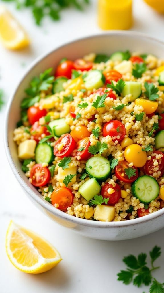 A colorful bowl of quinoa salad with cherry tomatoes, cucumbers, and fresh herbs, garnished with lemon slices.