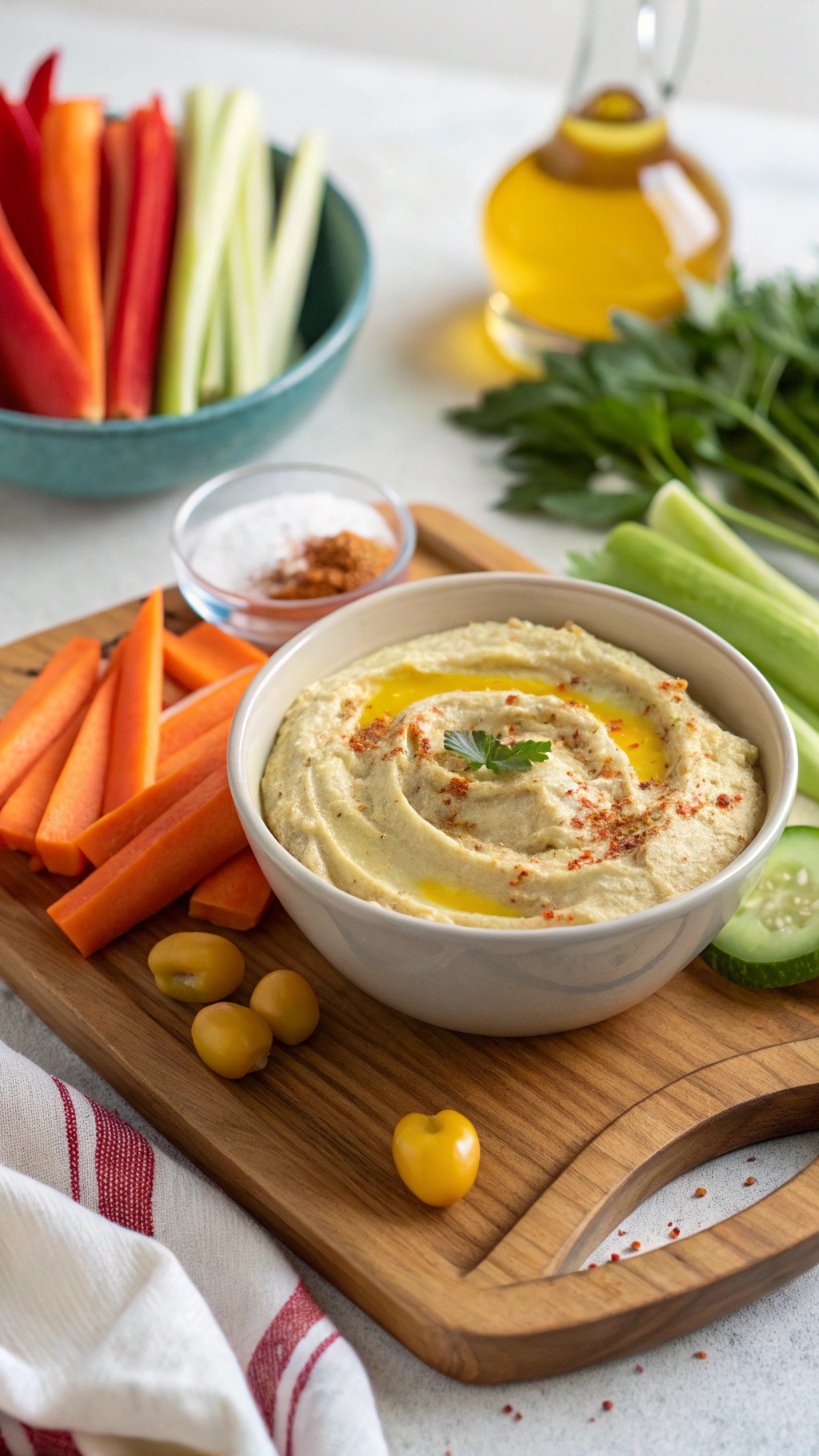 A bowl of zesty lemon-herb hummus surrounded by colorful vegetable sticks.