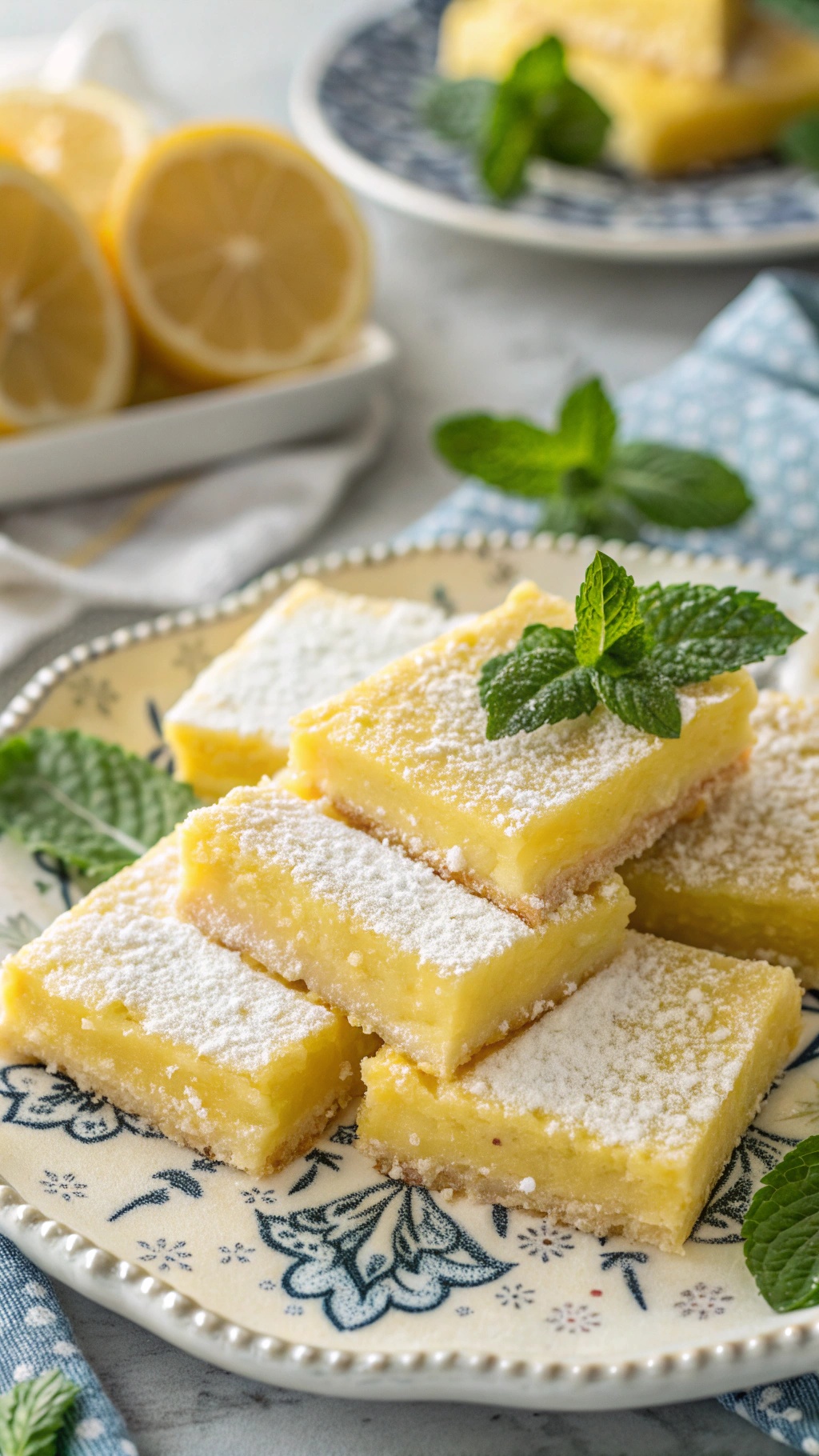 A plate of zesty lemon bars with a nutty crust, garnished with mint leaves and powdered sugar.