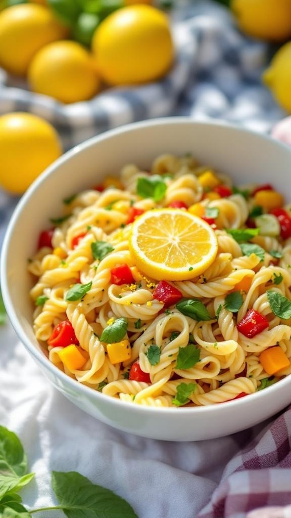 A bowl of zesty lemon basil pasta salad with colorful vegetables and a slice of lemon on top.