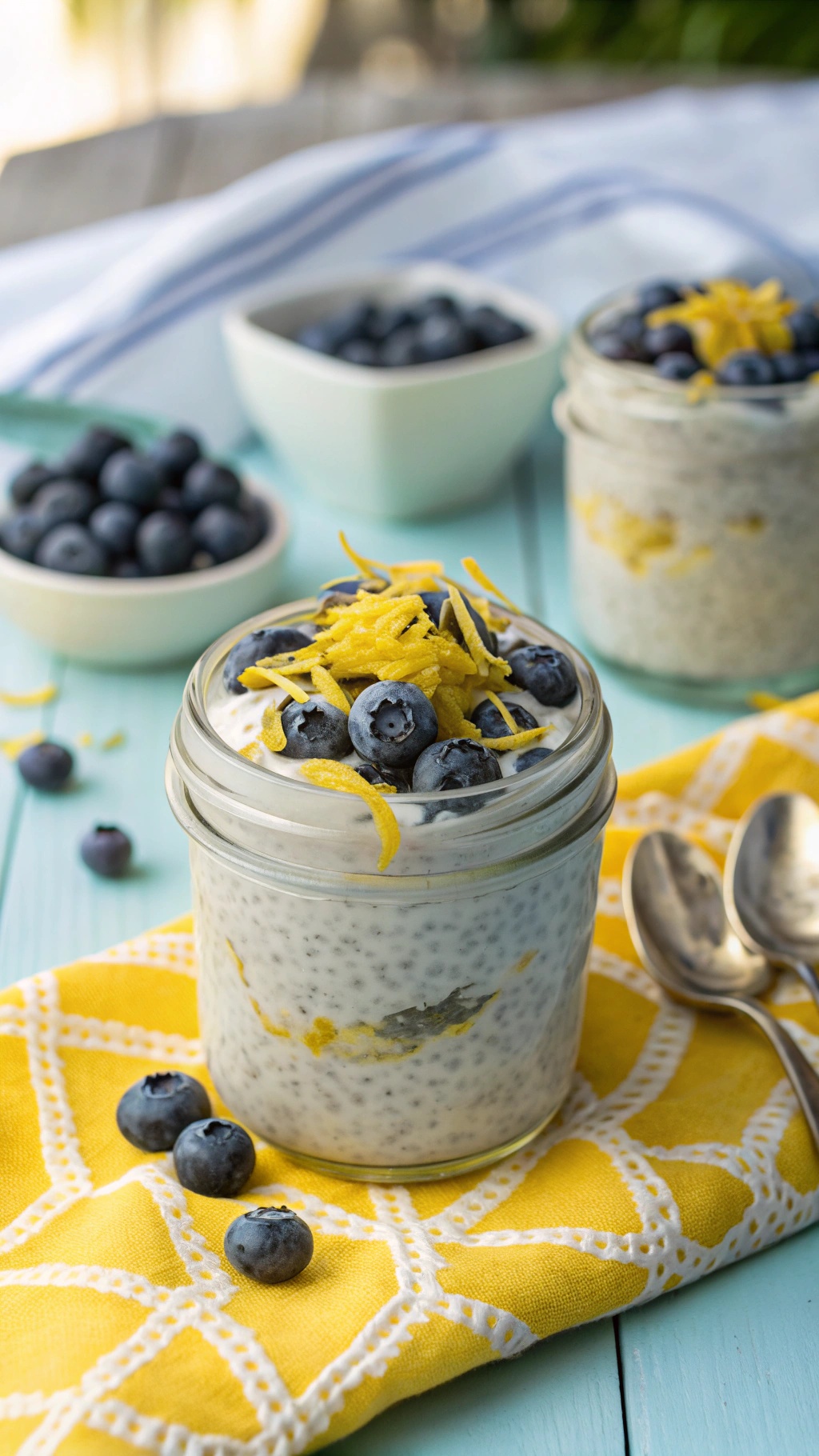 A jar of lemon chia seed pudding topped with blueberries and lemon zest, placed on a yellow napkin.