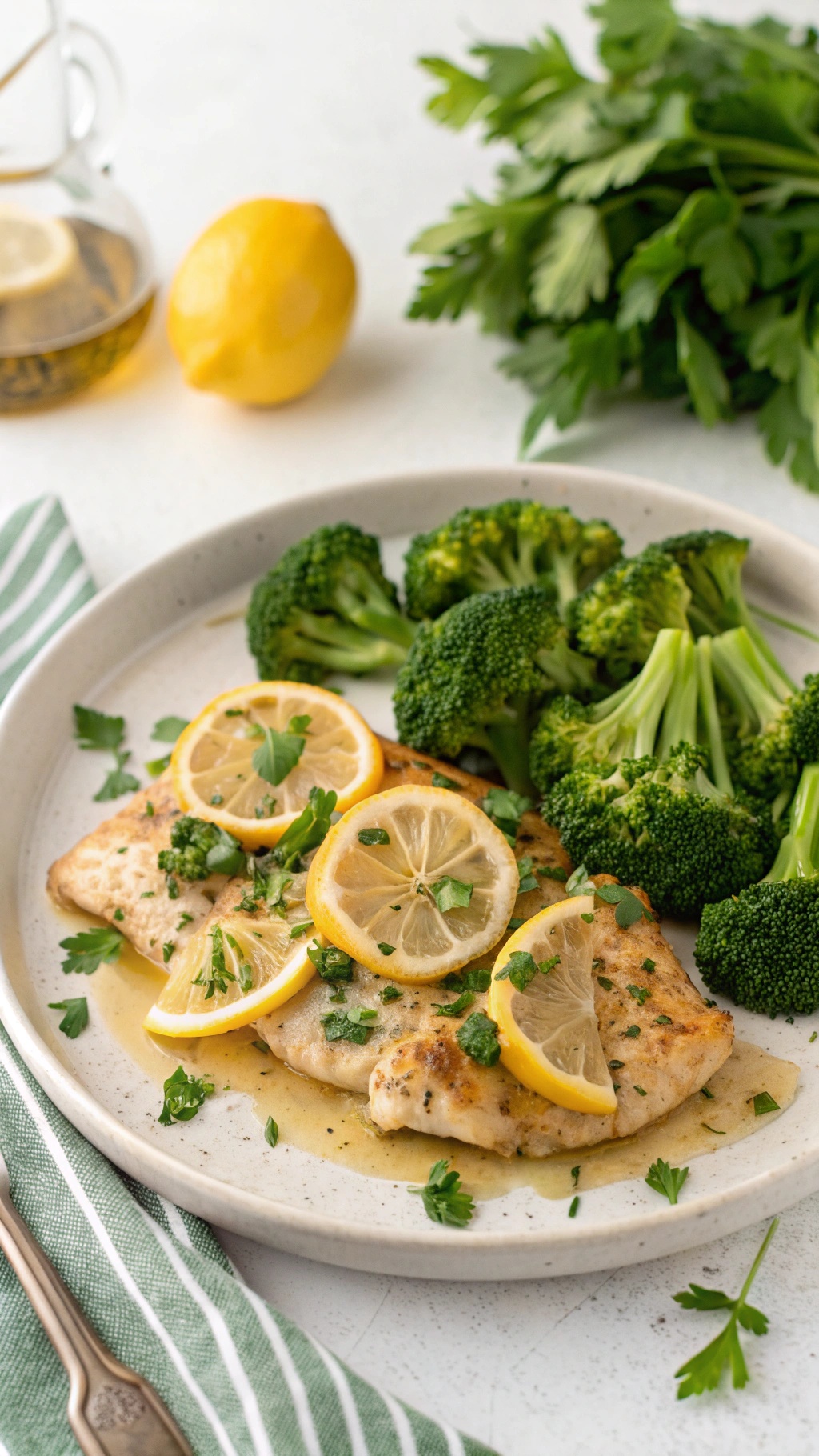 Plate of zesty lemon chicken with broccoli garnished with lemon slices and parsley