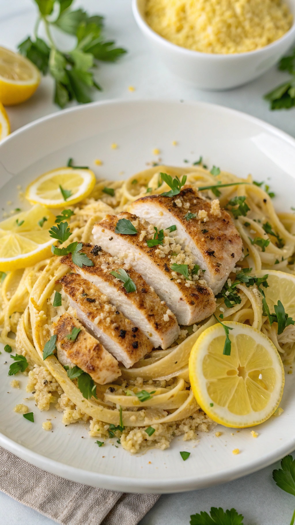 A plate of zesty lemon chicken served over quinoa pasta, garnished with lemon slices and parsley.