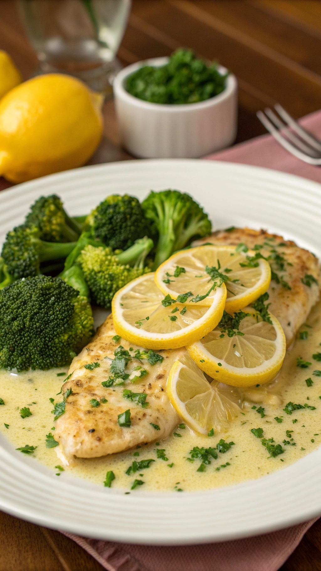 A plate of zesty lemon chicken with broccoli, garnished with lemon slices and parsley.