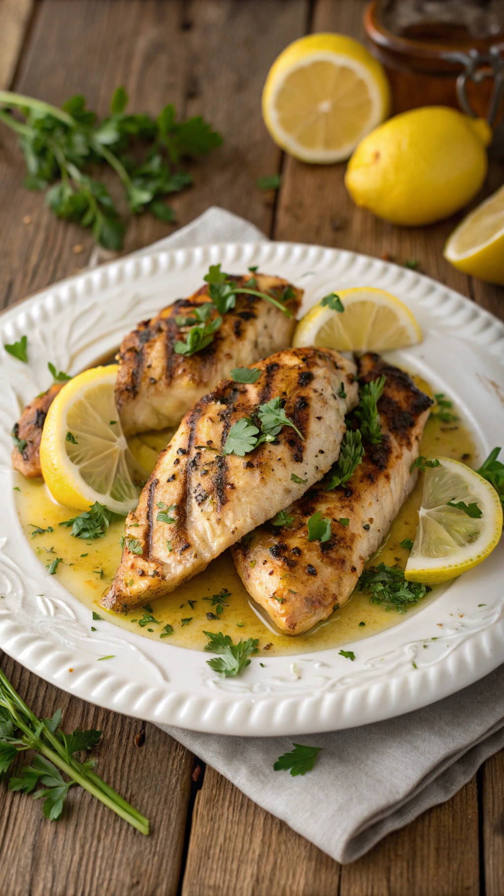 Grilled lemon garlic chicken breasts garnished with parsley and lemon slices on a white plate.