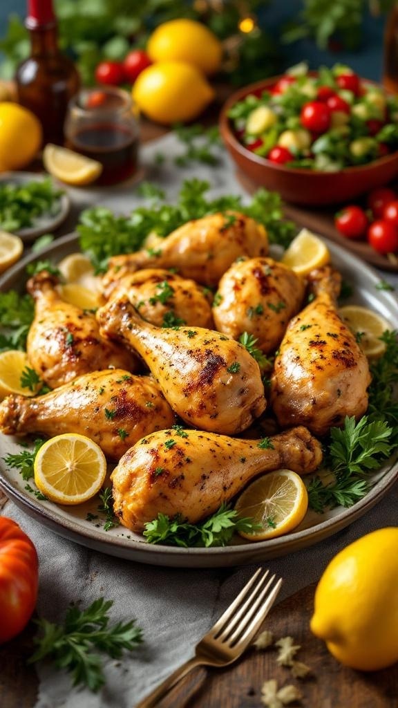 Zesty Lemon Garlic Chicken Drumsticks served with lemon slices and parsley