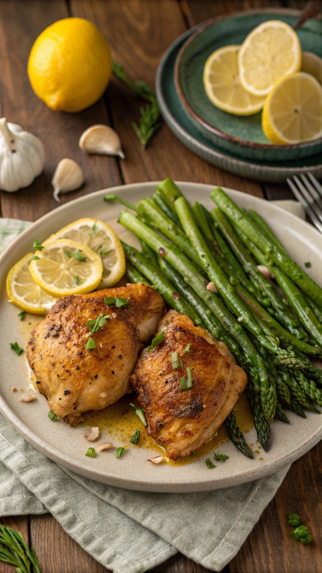 A delicious plate of lemon garlic chicken served with asparagus and lemon slices.