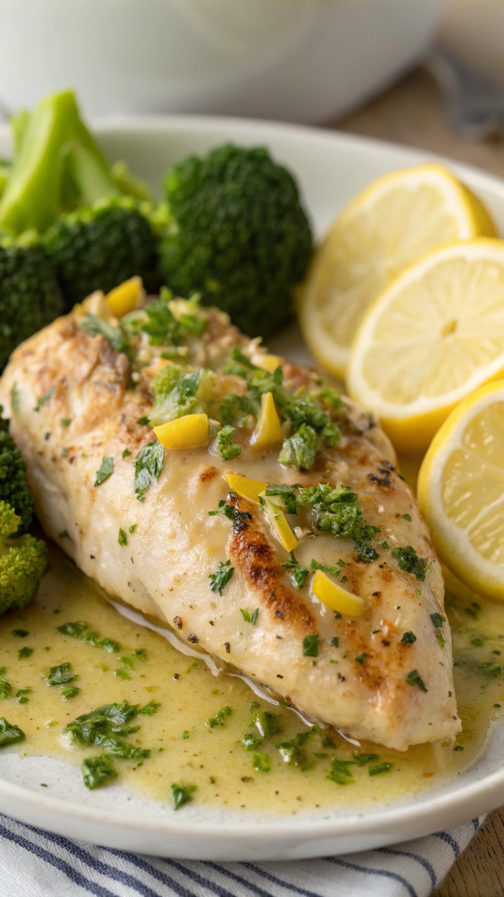 Zesty lemon garlic chicken served with broccoli and lemon slices