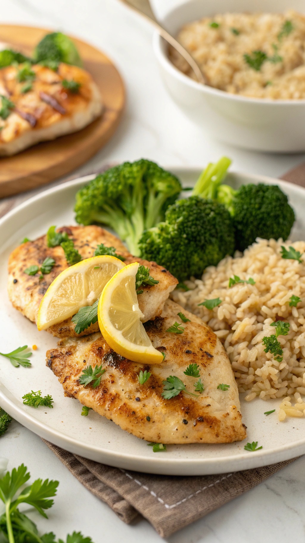 A plate of zesty lemon garlic chicken with broccoli and rice, garnished with lemon slices and fresh herbs.