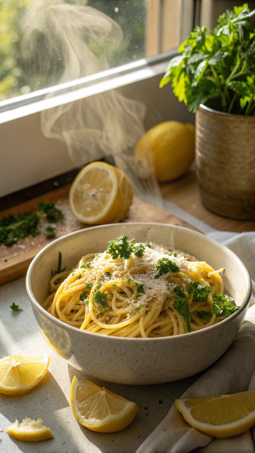 A bowl of zesty lemon garlic pasta garnished with parsley and parmesan cheese, with lemon slices and herbs in the background.