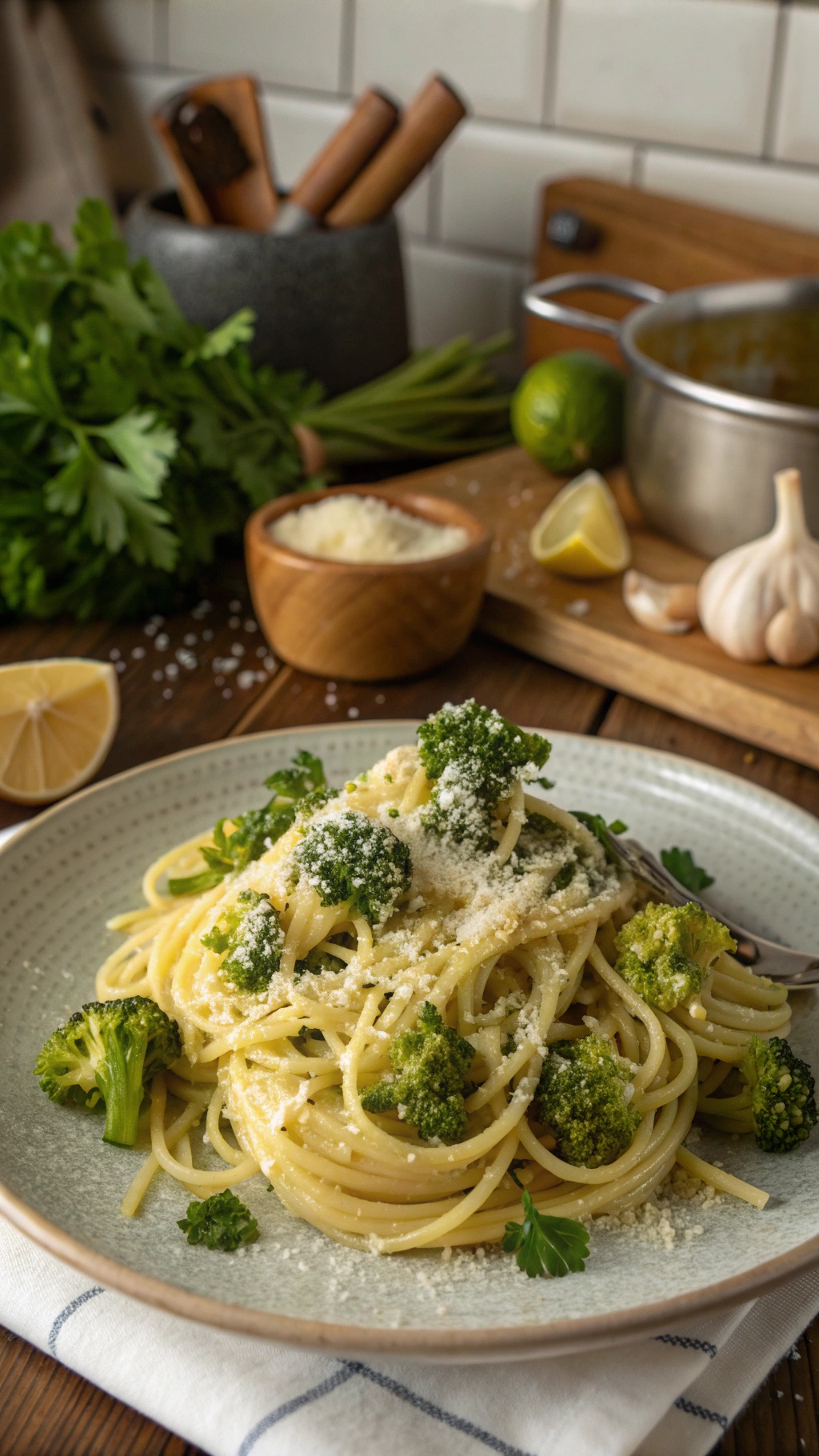 A plate of zesty lemon garlic pasta with broccoli, garnished with Parmesan cheese and parsley.