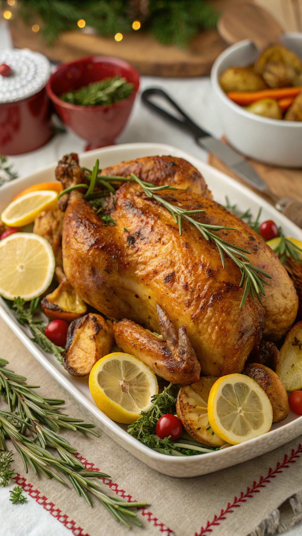 A beautifully roasted chicken garnished with lemon slices and herbs.