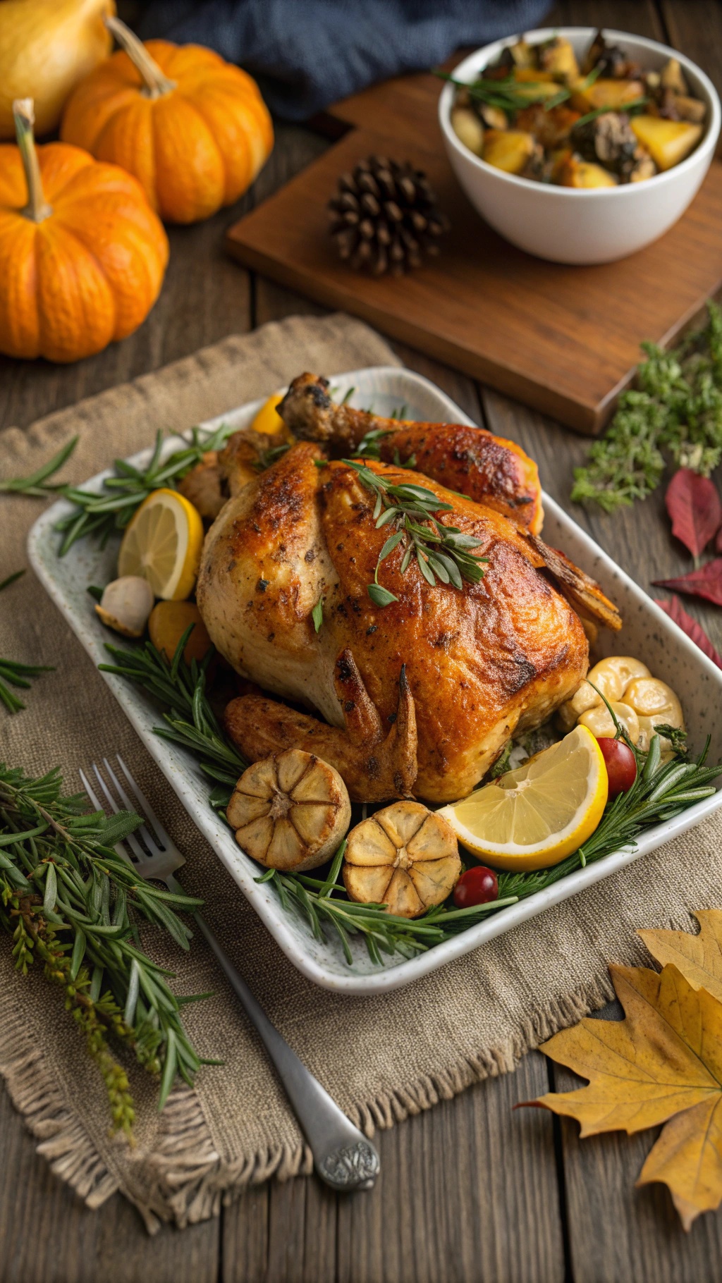 A beautifully roasted lemon garlic chicken garnished with herbs and lemon slices, surrounded by autumn decor.