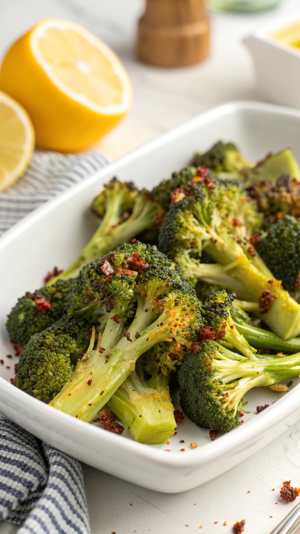 A dish of zesty lemon garlic roasted broccoli with lemon halves in the background.