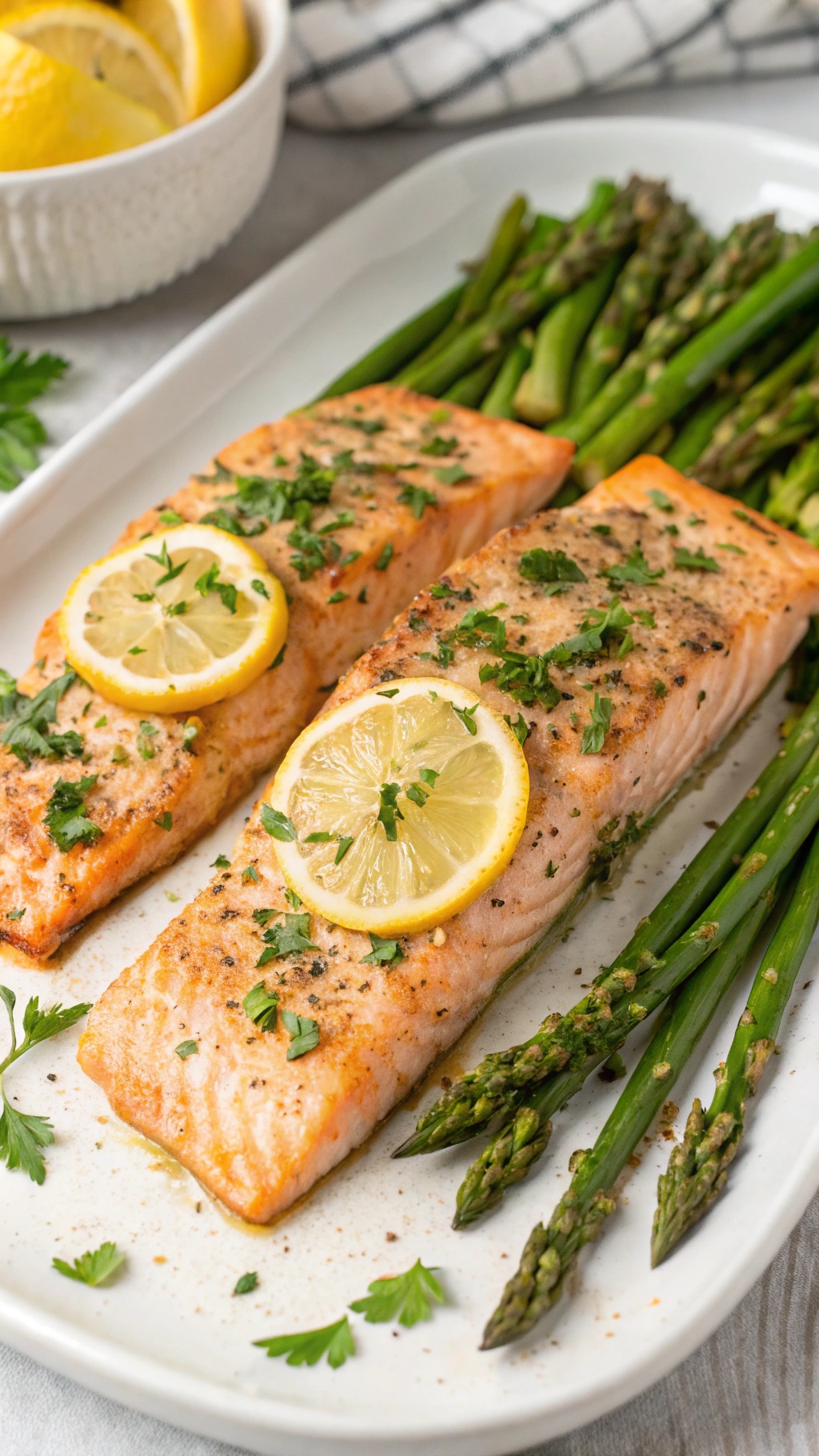 Zesty lemon garlic salmon fillets served with asparagus
