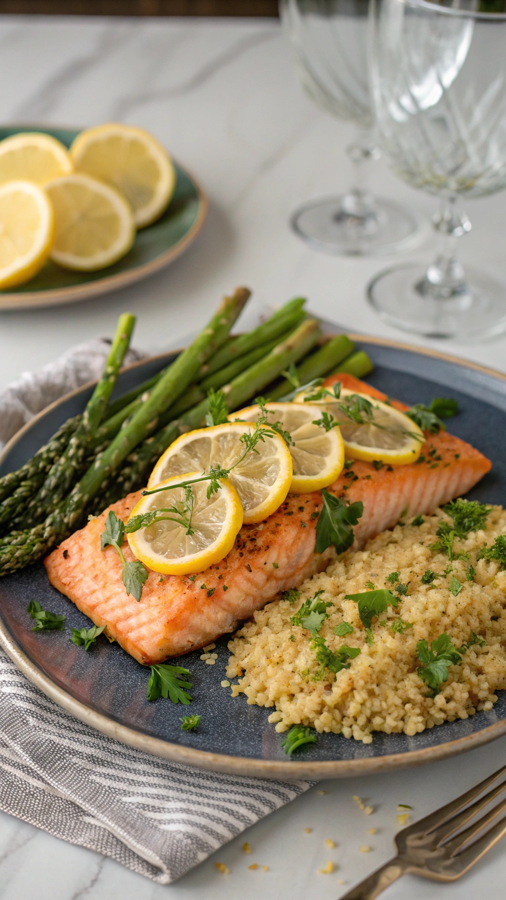 A plate of zesty lemon garlic salmon with asparagus and couscous, garnished with lemon slices and parsley.