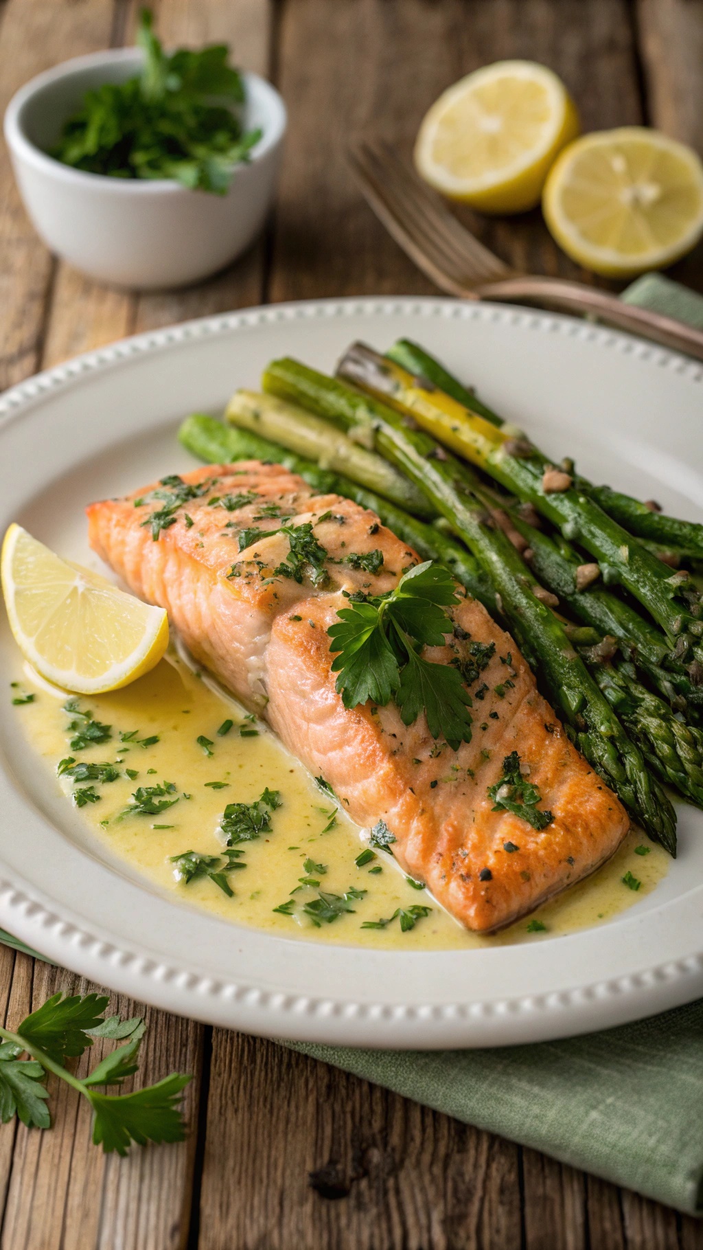 A plate of zesty lemon garlic salmon with asparagus, garnished with parsley and lemon slices.