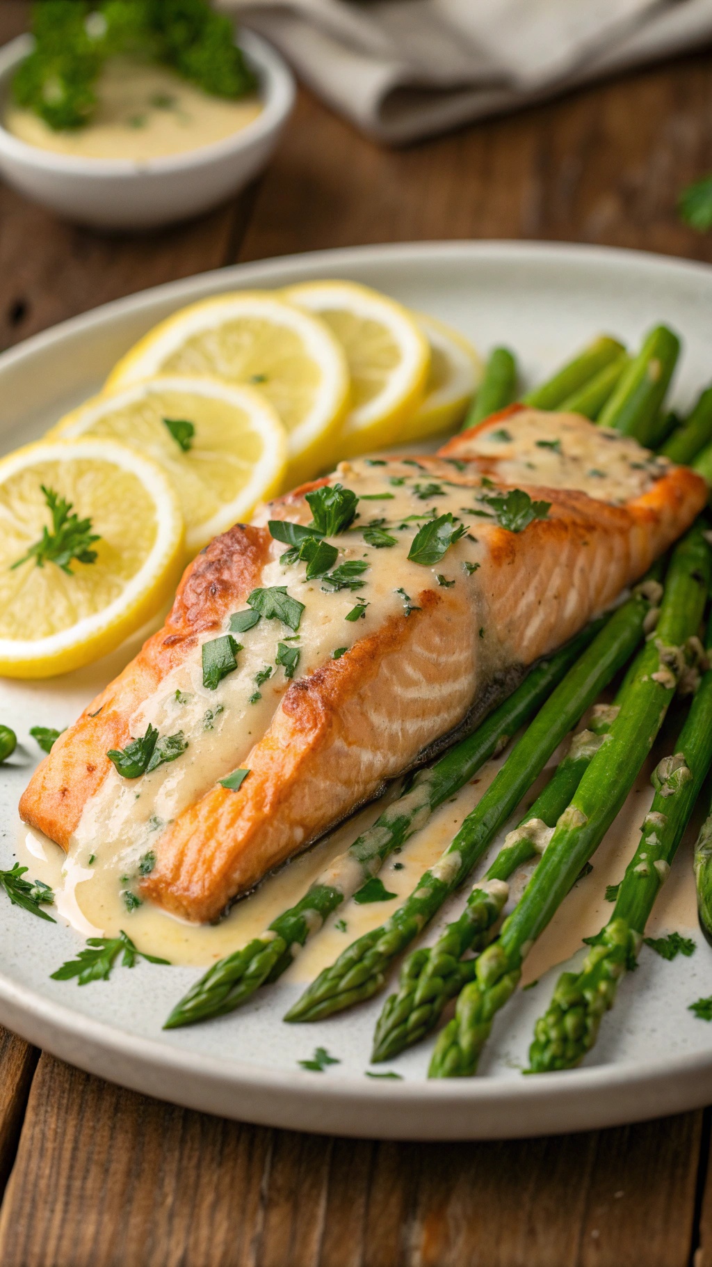 A plate of zesty lemon garlic salmon with asparagus, garnished with lemon slices and parsley.
