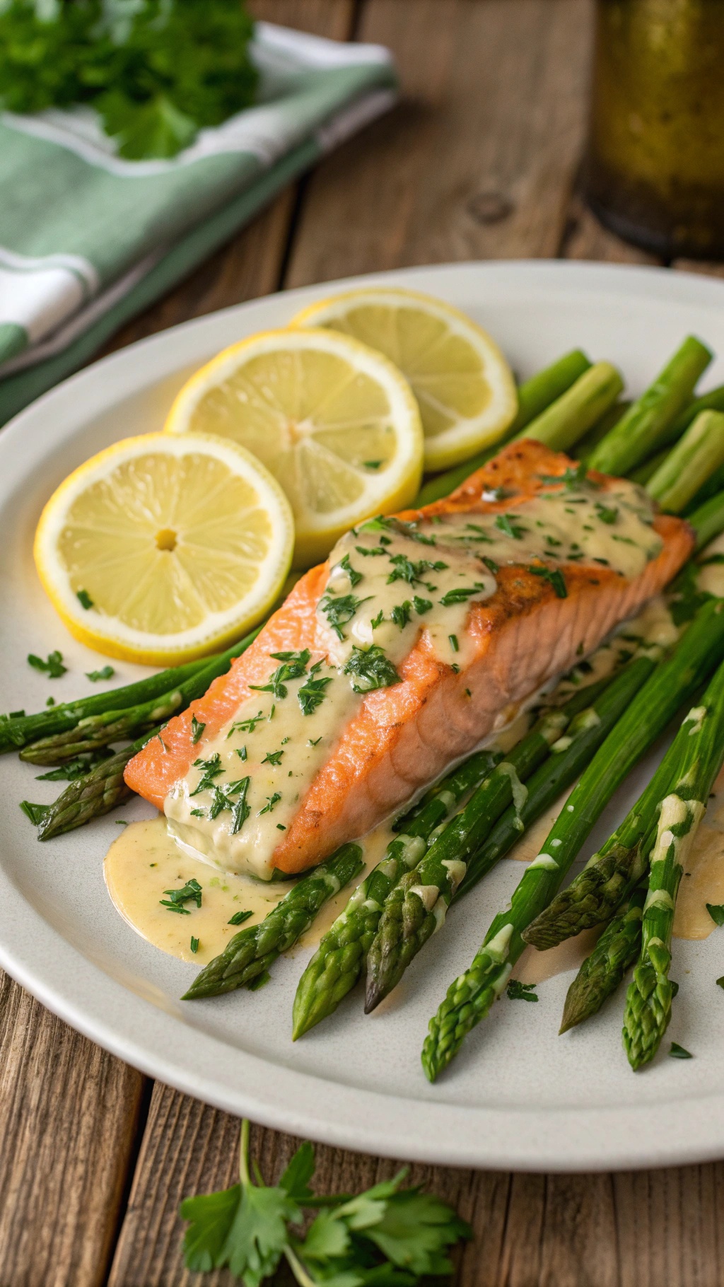 A plate of salmon fillet topped with lemon garlic sauce, served with asparagus and lemon slices.