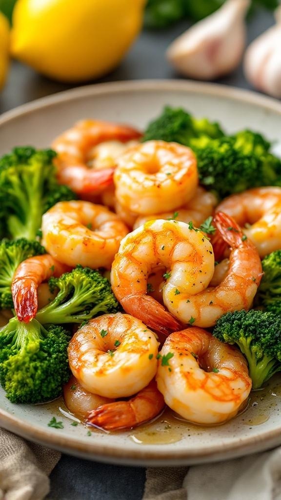 A plate of zesty lemon garlic shrimp and broccoli, garnished with parsley.