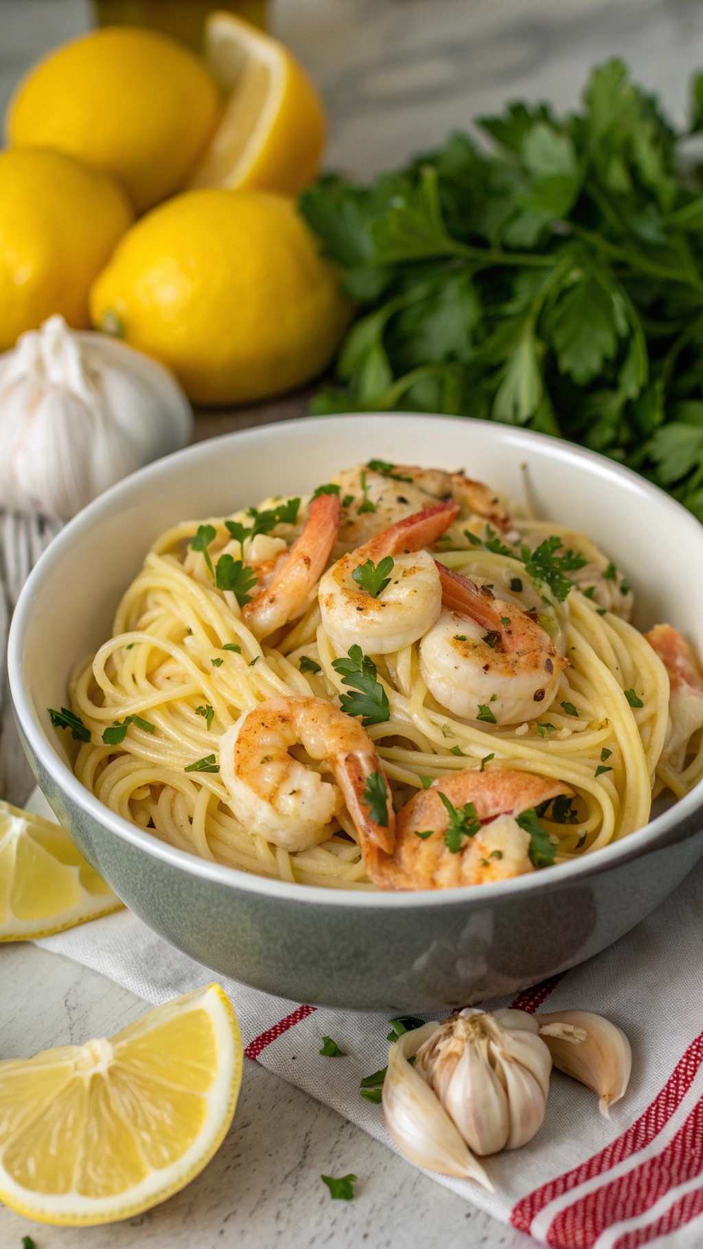 A bowl of zesty lemon garlic shrimp pasta with fresh parsley and lemon slices