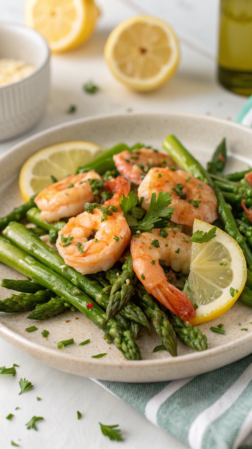 A plate of zesty lemon garlic shrimp with asparagus, garnished with parsley and lemon slices.