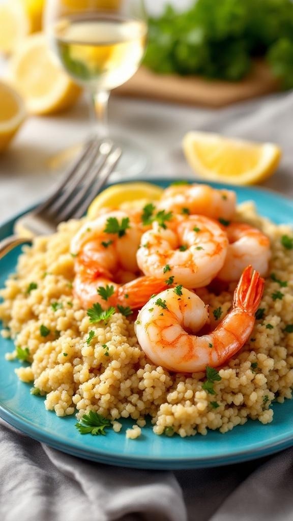 A plate of lemon garlic shrimp served over quinoa, garnished with parsley and lemon slices.