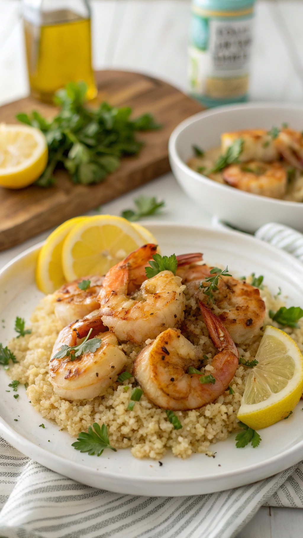 A plate of zesty lemon garlic shrimp served on quinoa with lemon slices and parsley.