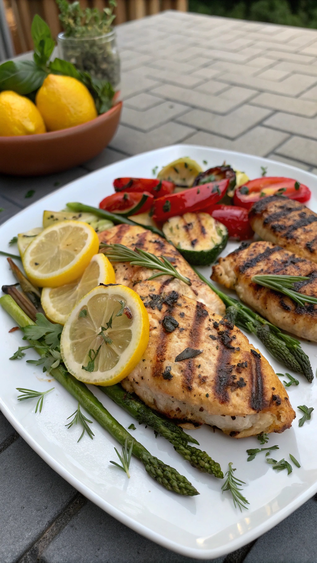 Grilled chicken breasts with lemon slices and assorted grilled vegetables on a white plate.