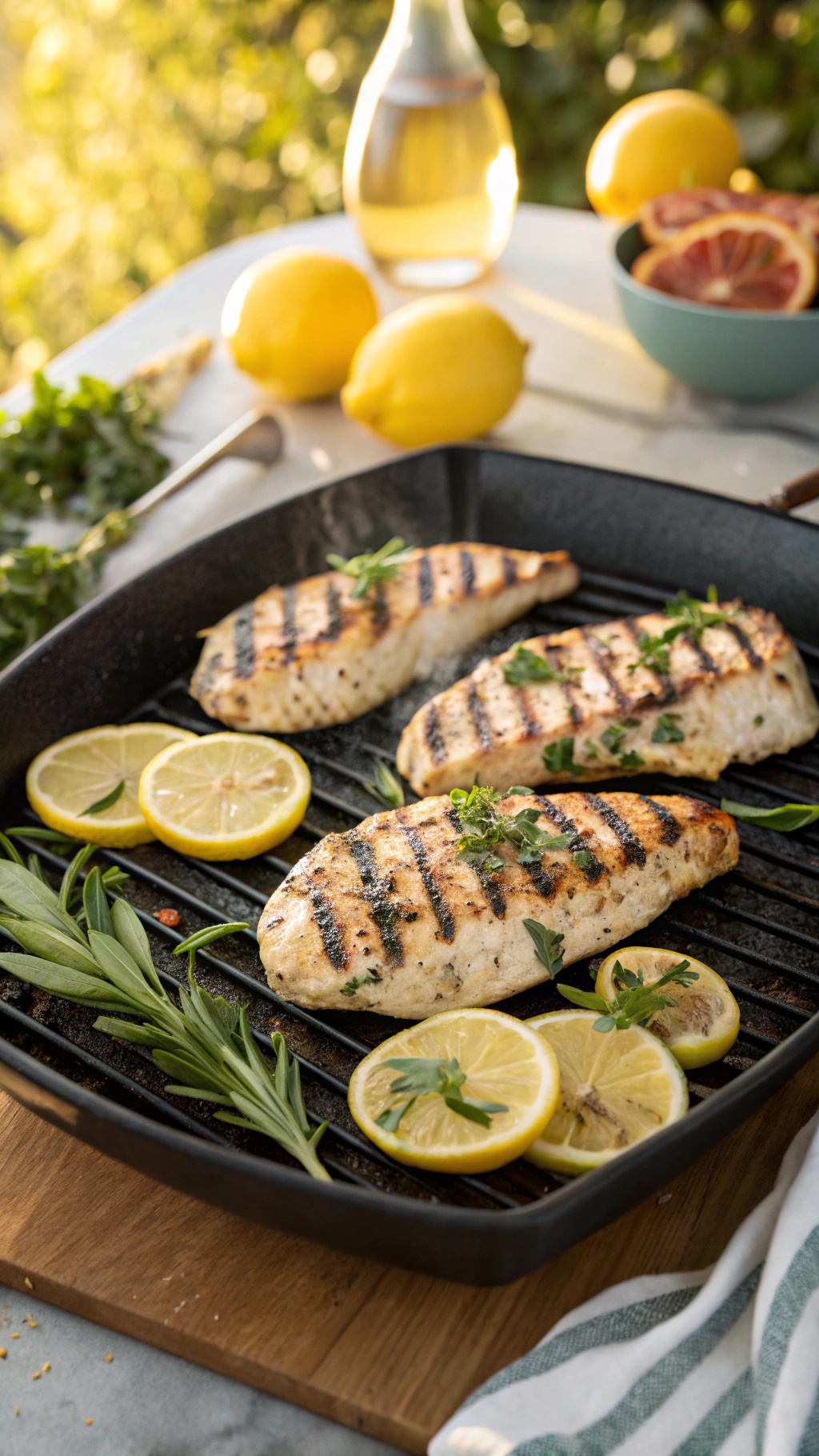Grilled chicken breasts with lemon slices and fresh herbs on a grill pan