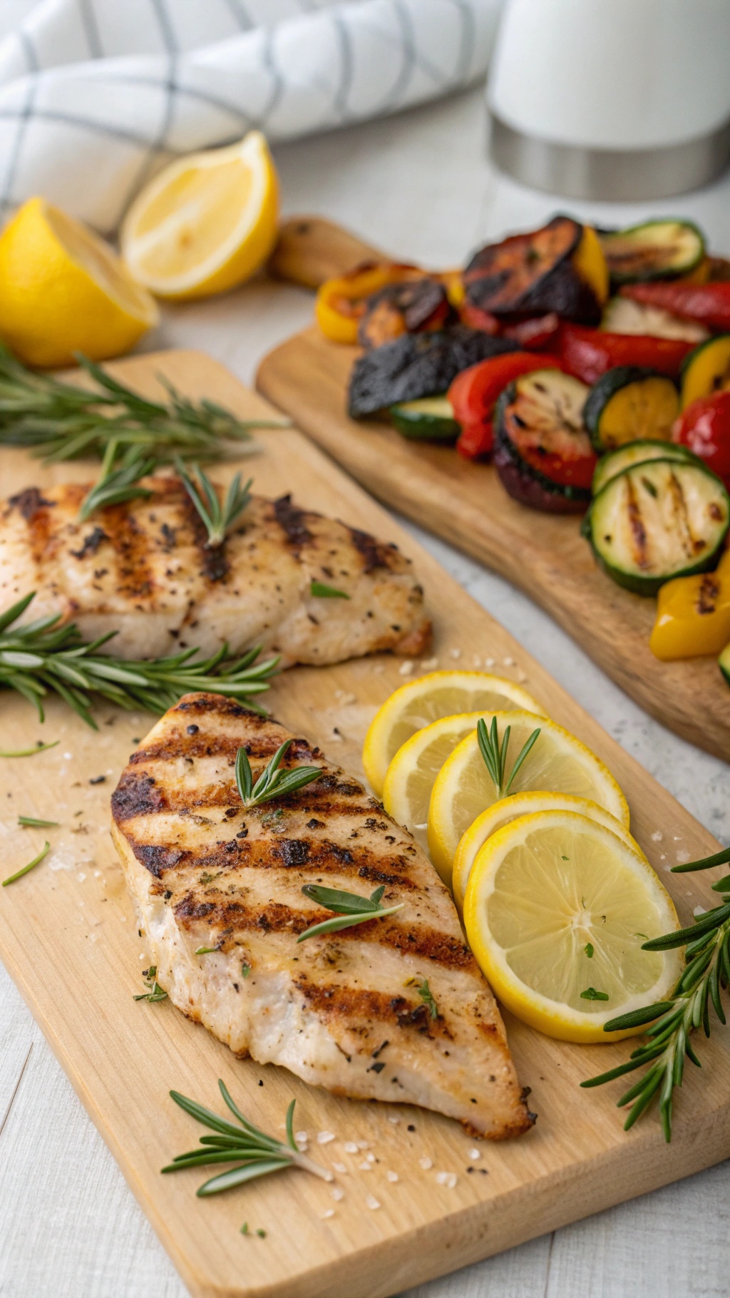 Grilled chicken with lemon slices and fresh herbs on a wooden cutting board, accompanied by grilled vegetables.