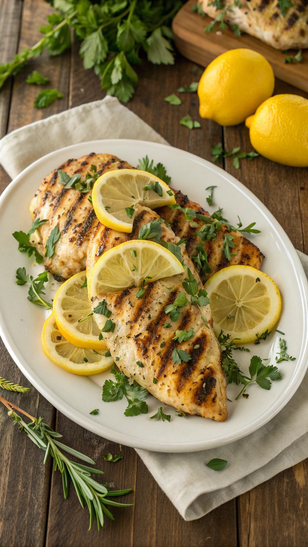Grilled chicken breasts garnished with lemon slices and fresh herbs on a white platter