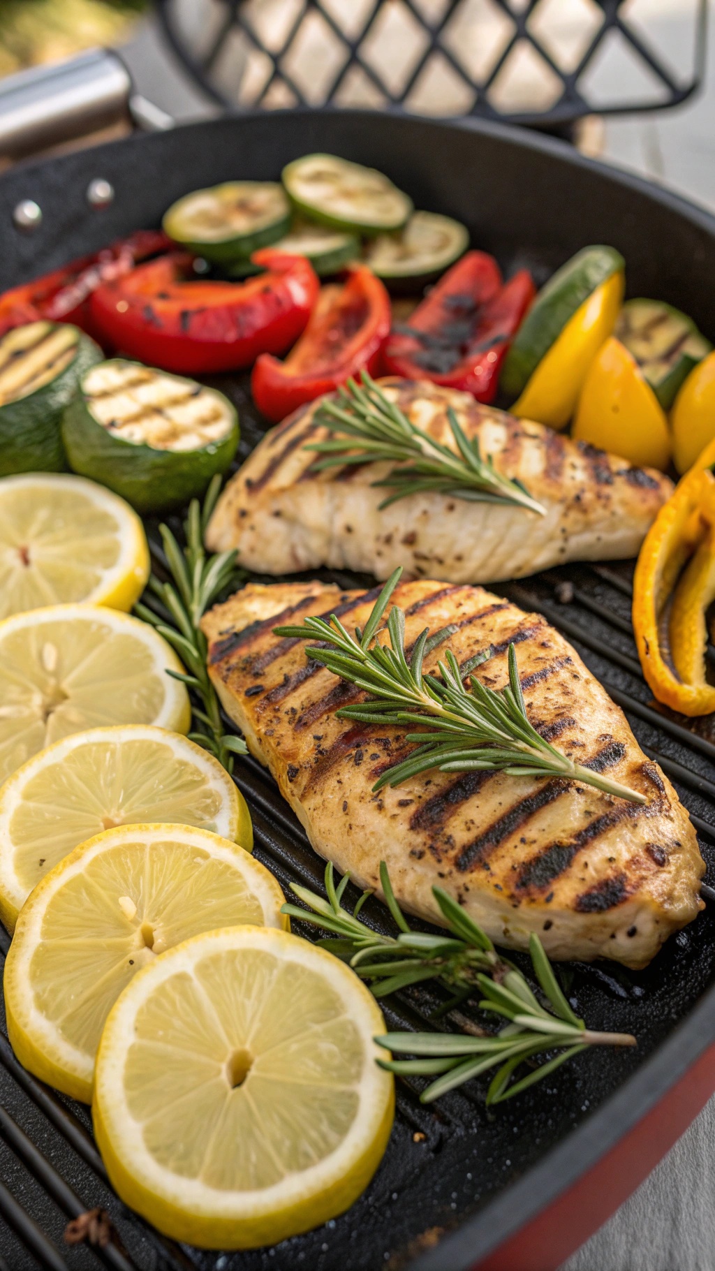 Grilled chicken breasts with lemon slices and colorful vegetables on a grill