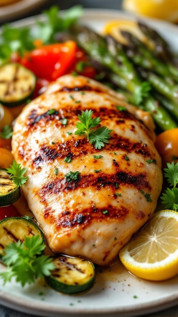 Grilled chicken breast with vegetables garnished with herbs and lemon