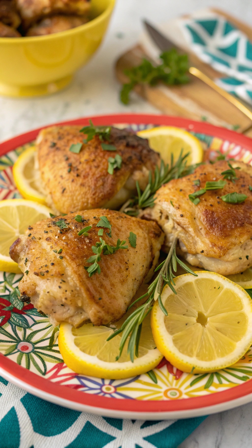 Zesty lemon pepper chicken thighs garnished with herbs and lemon slices on a colorful plate.