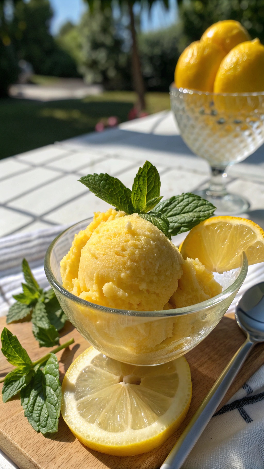A bowl of lemon sorbet garnished with mint leaves and lemon slices, with fresh lemons in the background.