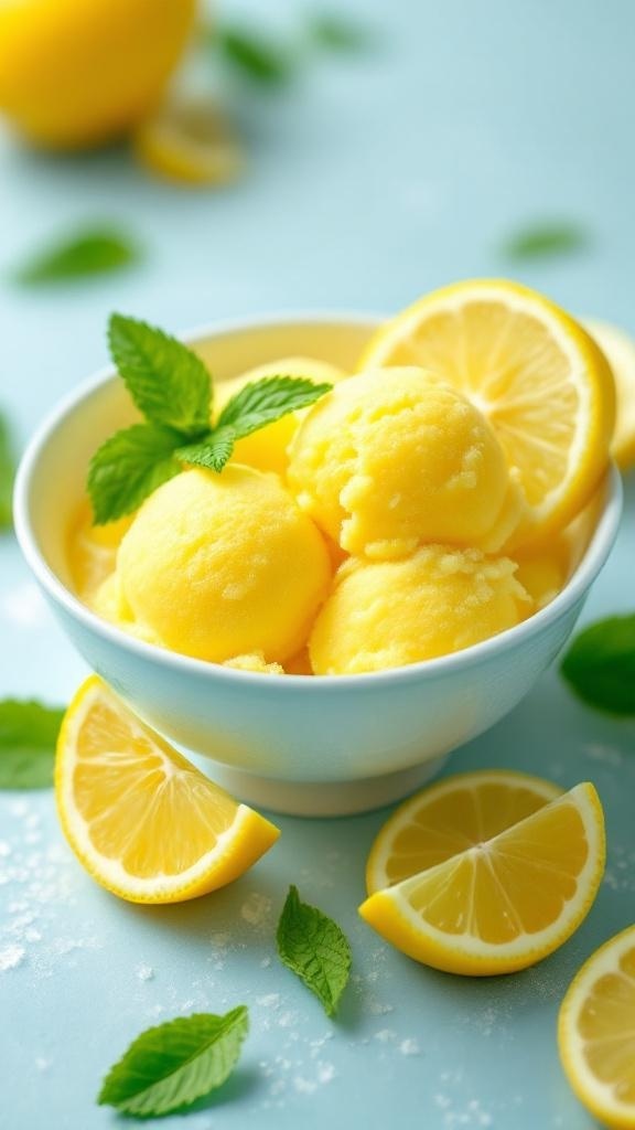 A bowl of lemon sorbet with mint leaves and lemon slices