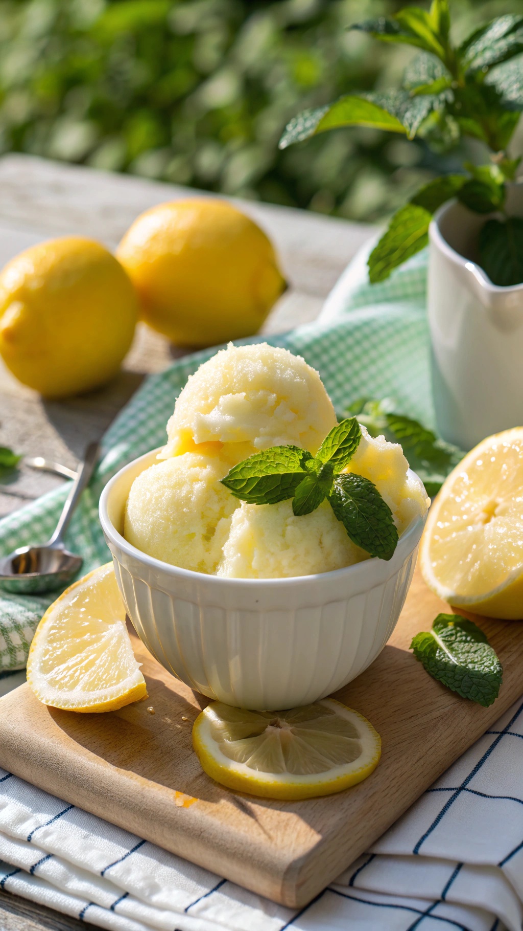 A bowl of lemon sorbet garnished with mint leaves, surrounded by fresh lemons.