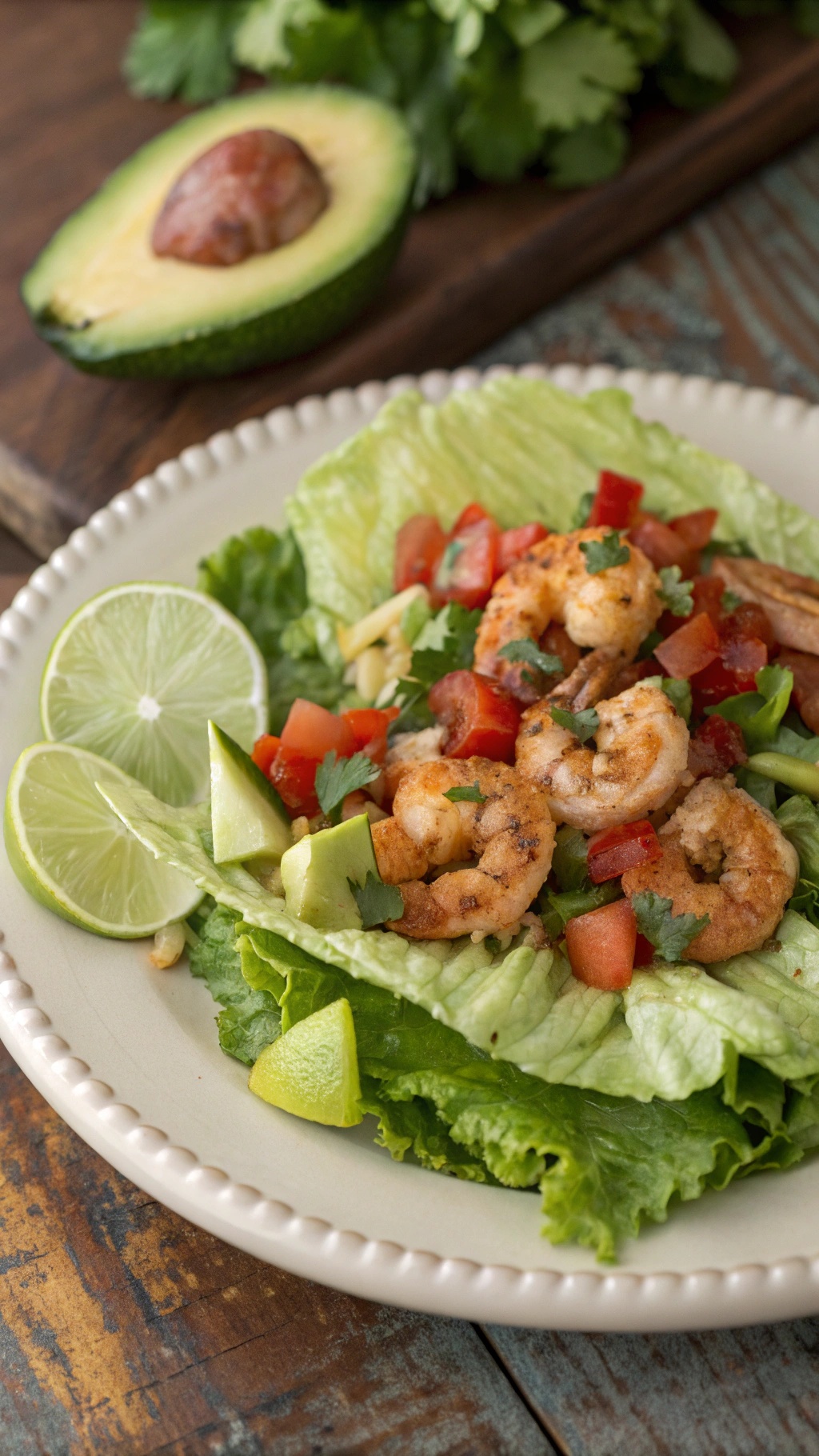A vibrant Zesty Lime Shrimp Taco Salad with shrimp, lettuce, tomatoes, and lime wedges.