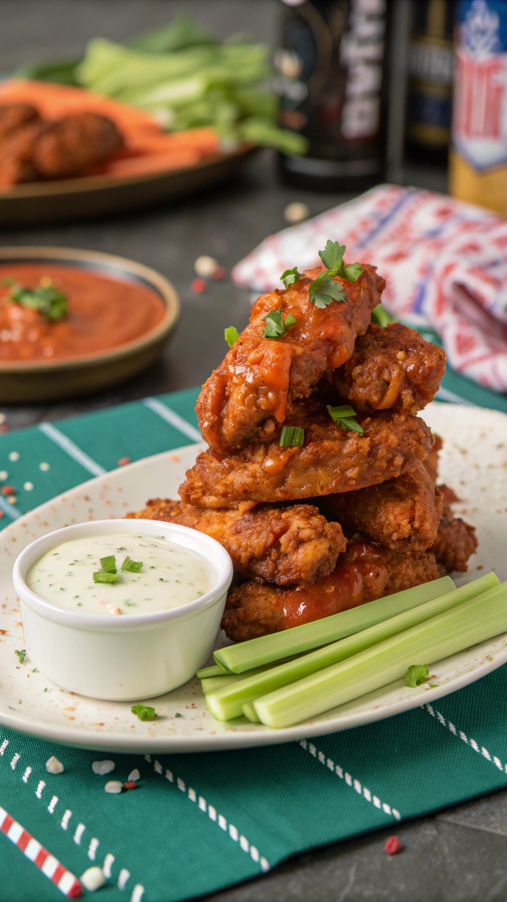 A plate of zesty low carb chicken wings with a side of ranch dressing and celery sticks.