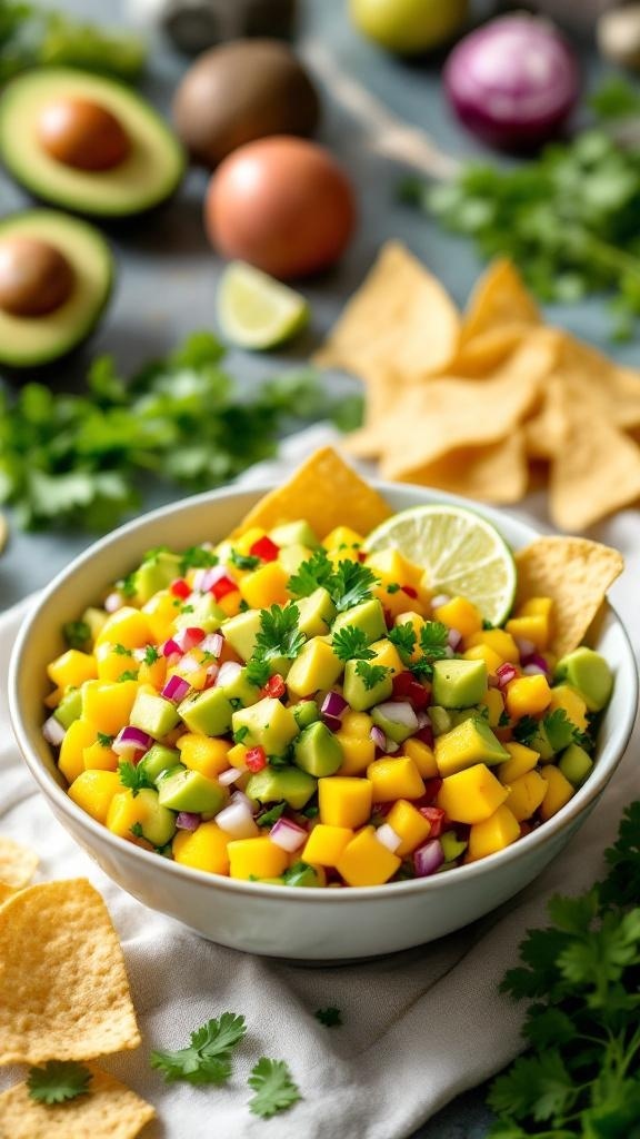 A bowl of mango avocado salsa with tortilla chips, surrounded by fresh ingredients.