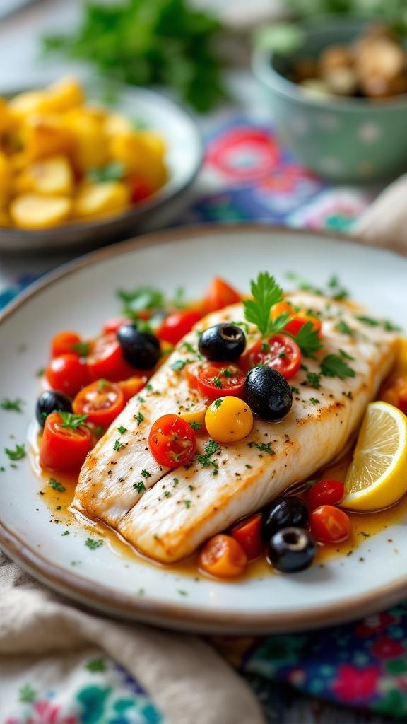 A plate of Mediterranean baked fish topped with cherry tomatoes and olives, served with lemon slices.
