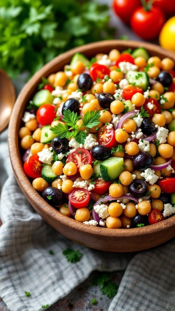 A colorful Mediterranean Chickpea Salad with chickpeas, cherry tomatoes, cucumbers, olives, and feta cheese in a wooden bowl.