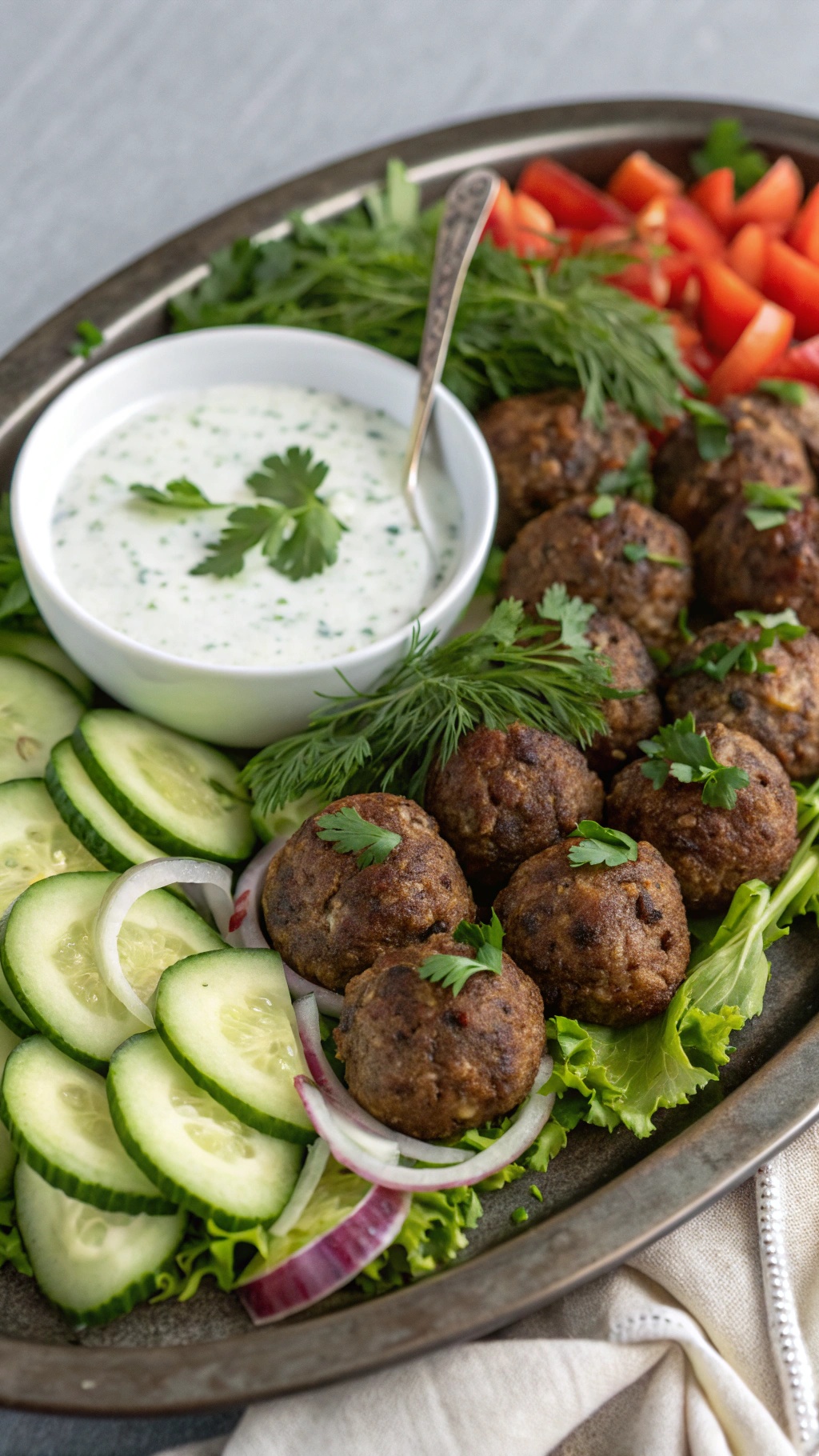 A platter of Mediterranean lamb meatballs with cucumber slices, lettuce, and a yogurt dipping sauce.