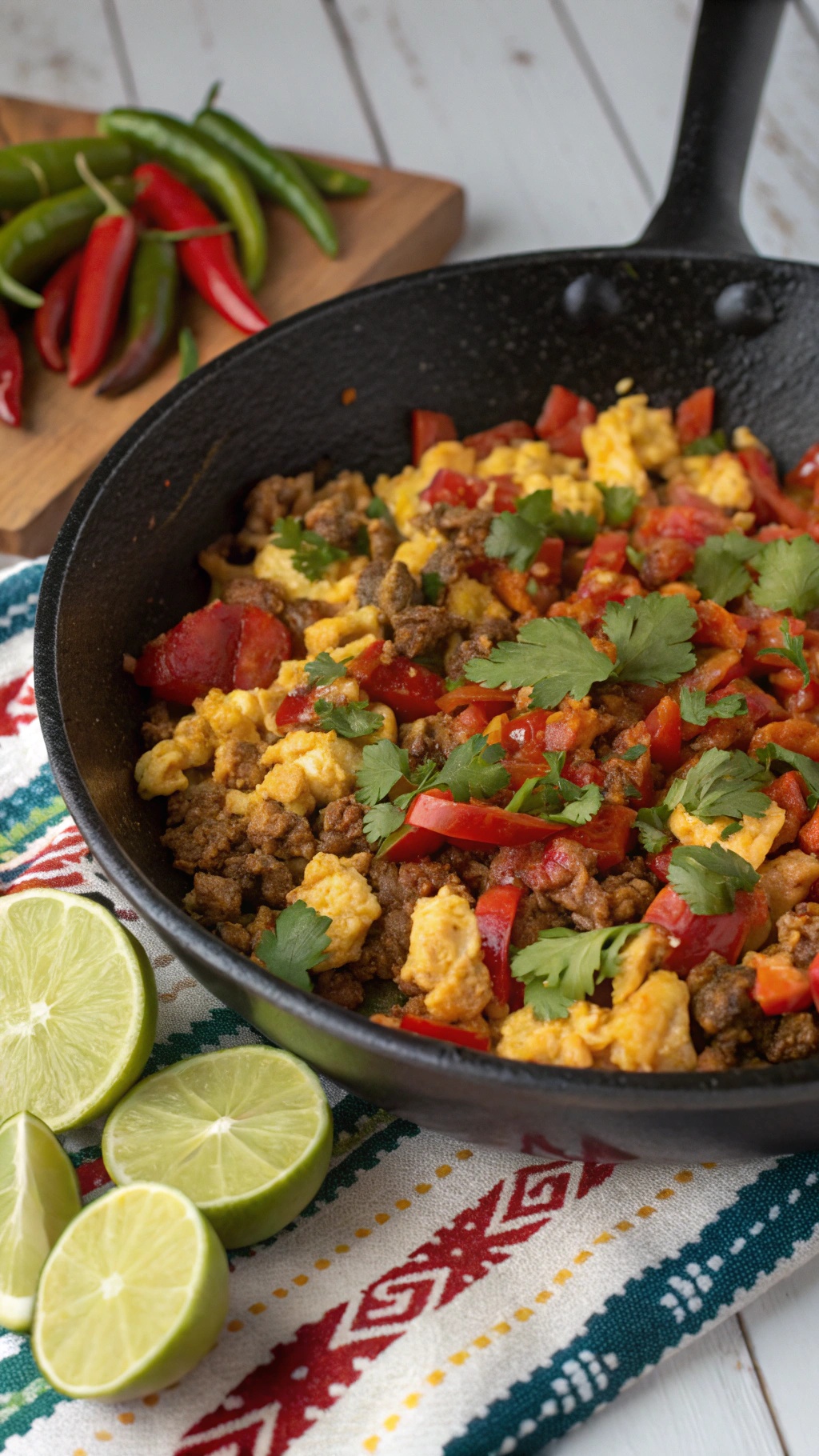 A colorful Mexican egg and chorizo scramble in a skillet, garnished with cilantro and served with lime wedges.